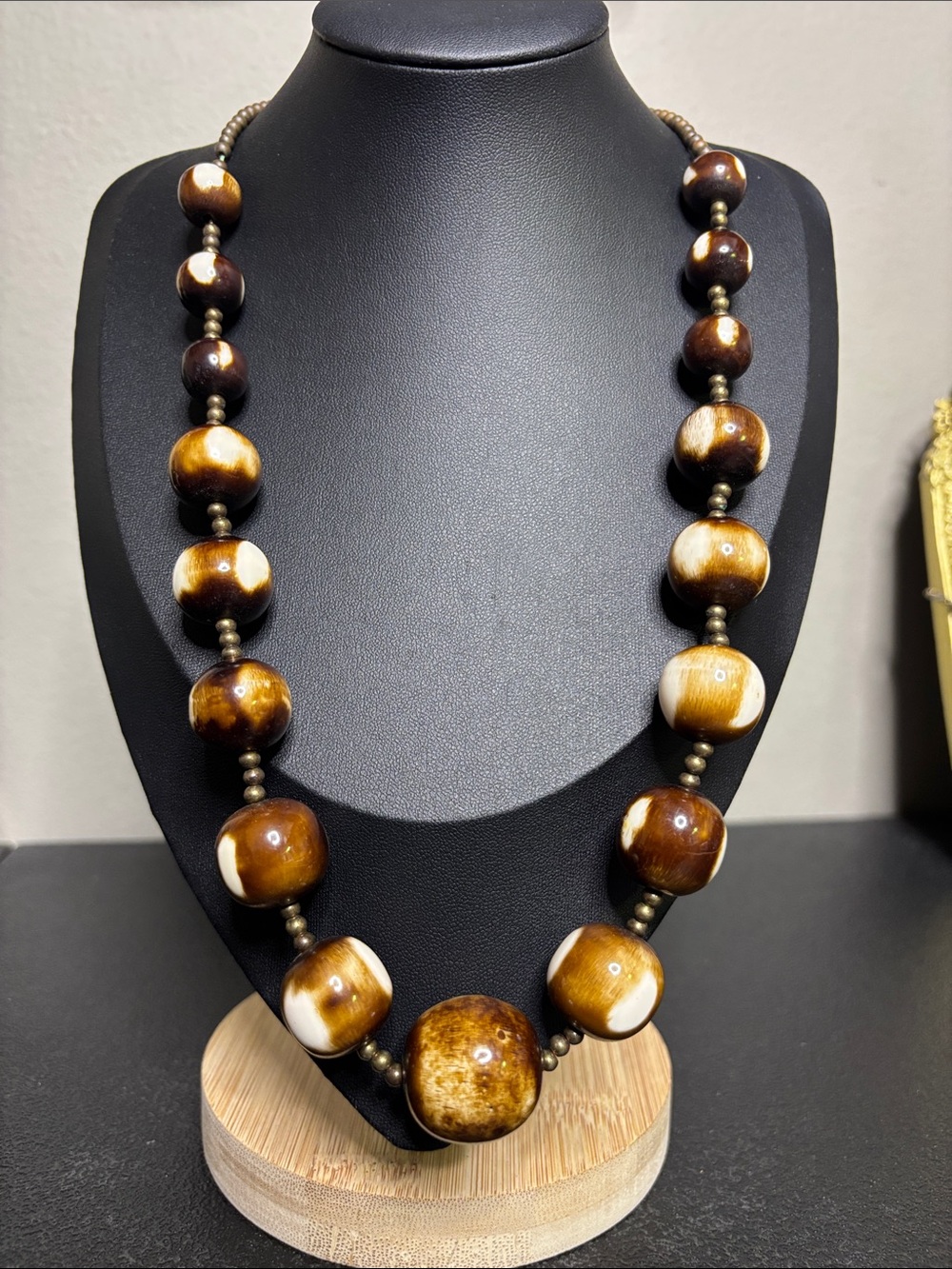 Chunky Vintage Brown Cream Resin Beaded Statement Boho Necklace